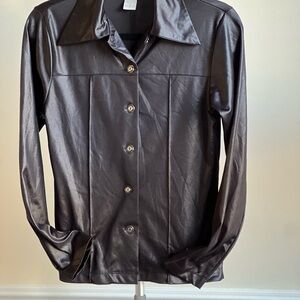 True Vintage Y2K Black Button-Up faux leather Shirt Size small goth biker